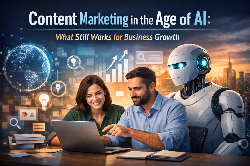 Professional illustration depicting human marketers collaborating with artificial intelligence to create data-driven content strategies and support business growth in the digital era.