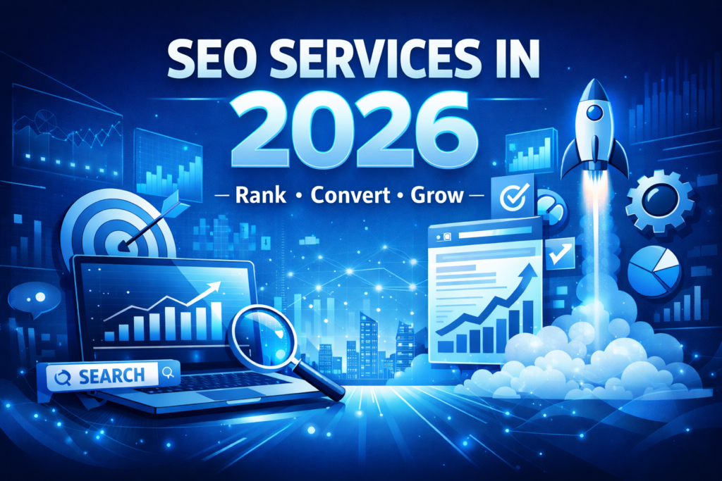 This is a blue-themed, professional image showing SEO services for 2026. It includes a laptop with growth charts, a target and arrow, a rocket launching, and analytics icons—all highlighting growth and success.