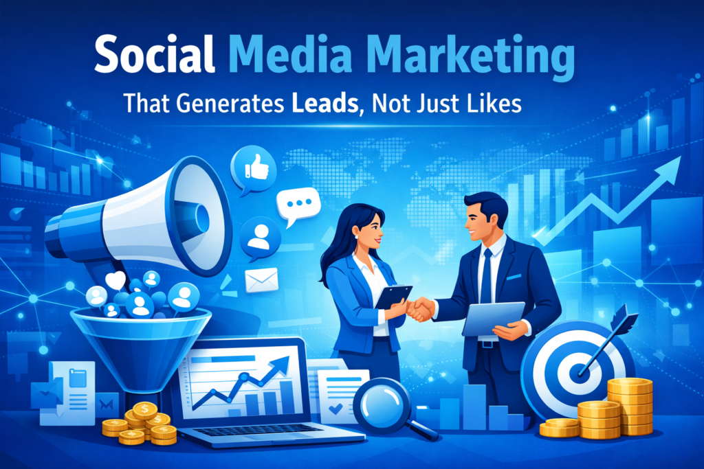 Professional social media marketing illustration showing lead generation strategy, business growth analytics, and conversion-focused digital marketing in blue theme