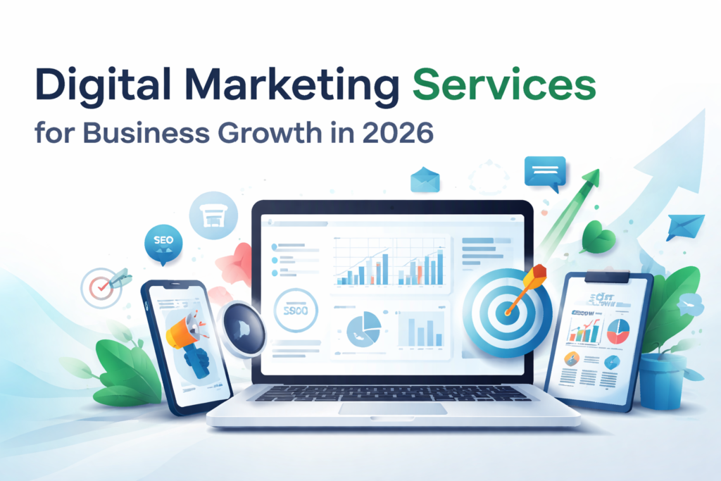 Professional digital marketing services illustration showing SEO analytics, content marketing, social media strategy, and business growth tools for 2026.