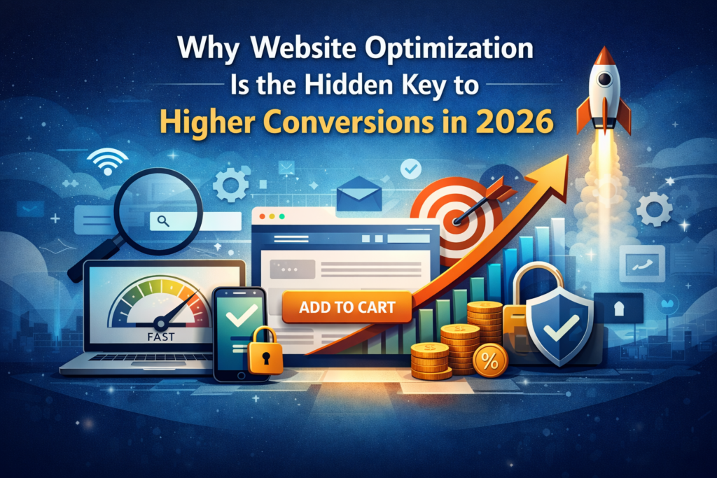 Website optimization illustration showing improved website speed, mobile performance, security, and conversion growth in 2026.