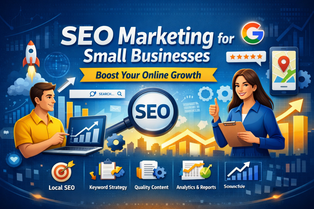 SEO marketing for small businesses illustration showing keyword strategy, local SEO growth, analytics reports, and organic traffic increase.