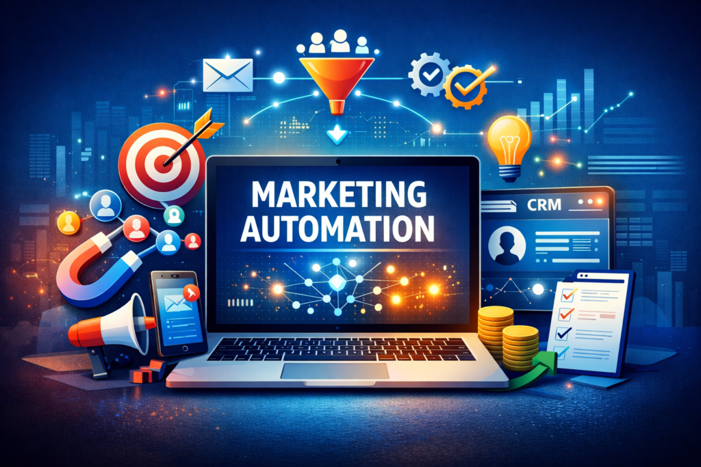 Illustration of marketing automation for small businesses showing CRM integration, automated lead generation, email marketing automation, and digital workflow systems on a laptop dashboard.