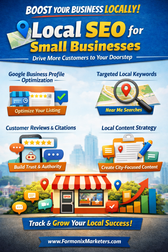 Local SEO infographic showing Google Business Profile optimization, targeted local keywords, customer reviews, citations and small business growth strategy by Formonix Marketers.