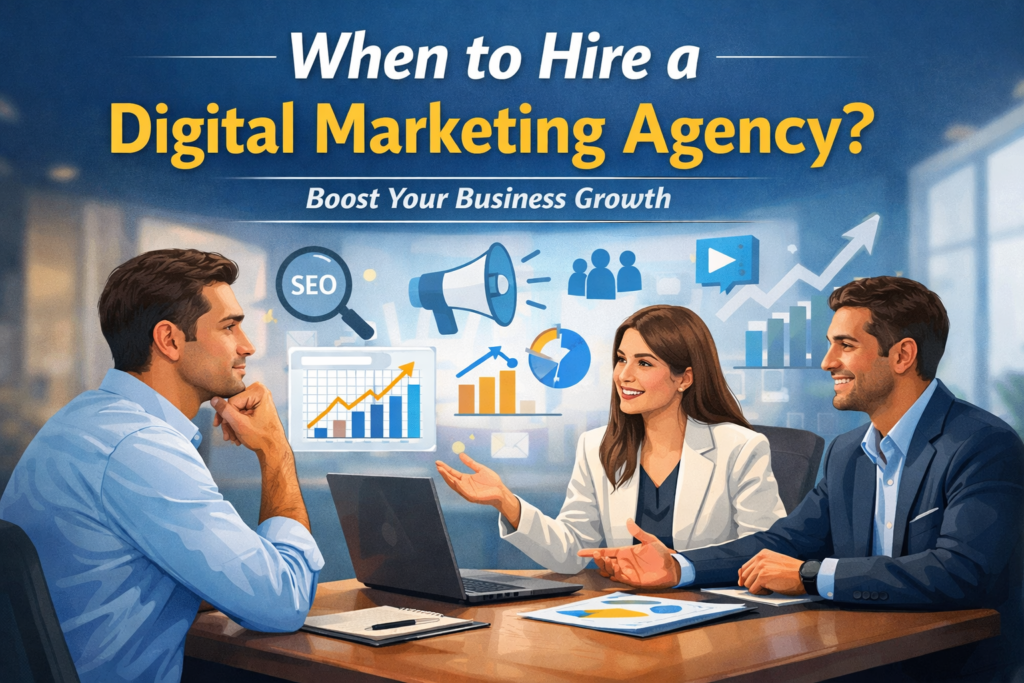 Business owner discussing growth strategy with a digital marketing agency team
